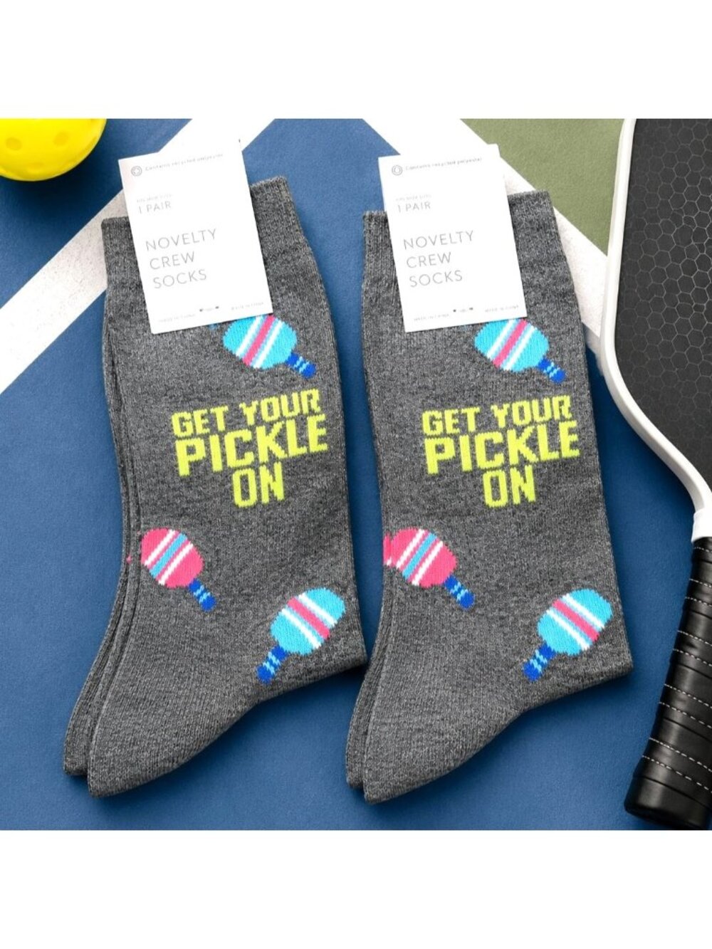 Get Your Pickle On Novelty Crew Socks Size 5-10 Gray Pickleball Design 2 Pair